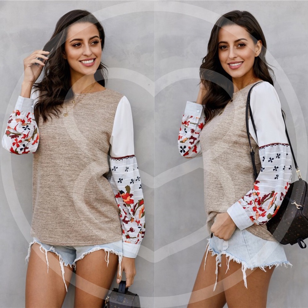 boho chic floral print sleeve Blouse - KHAKI - Picture 6 of 6